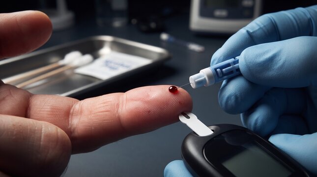 close up of blood glucose test with finger prick lancet and glucometer in laboratory or hospital