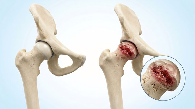 Medical illustration of a healthy hip joint compared with a hip joint affected by bone degeneration and avascular necrosis