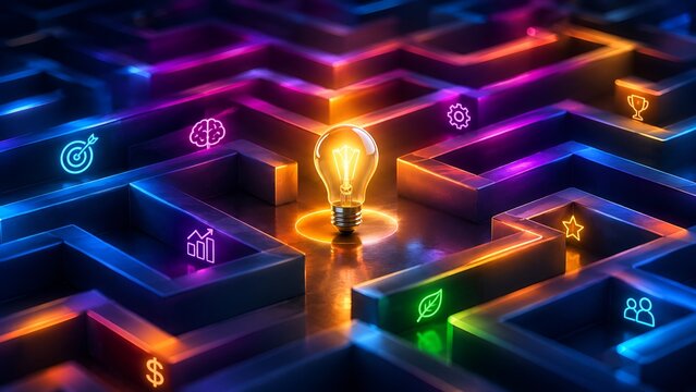 Glowing lightbulb inside a complex neon maze with digital business icons. Concept of strategic problem solving and corporate innovation.