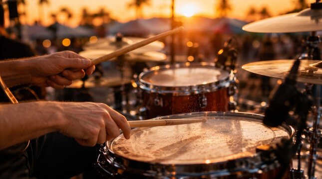 Primer plano de las manos de un m&uacute;sico tocando la bater&iacute;a con baquetas en un concierto al aire libre o festival callejero durante un hermoso atardecer