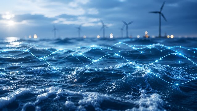Rough ocean waves with glowing digital network lines and offshore wind turbines. Concept of smart marine renewable energy and offshore monitoring.