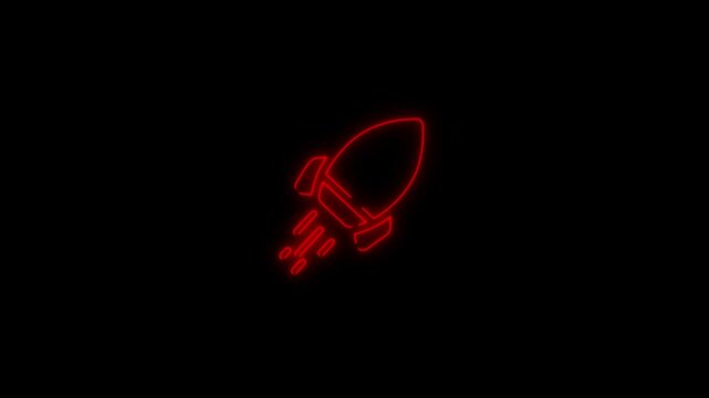 Red neon rocket animation launching into space on black background, glowing