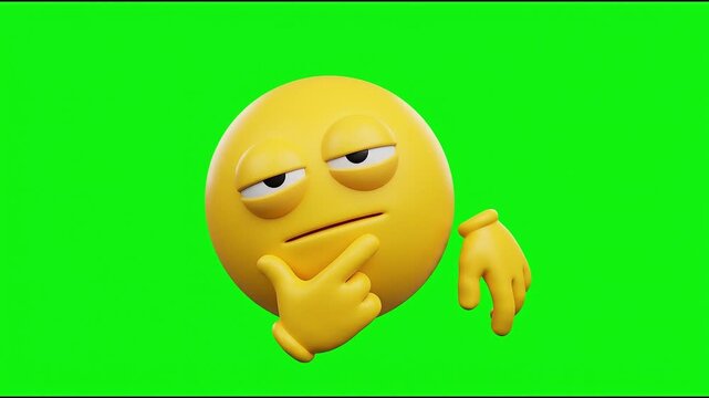 3D Bored Thinking Emoji Animation Green Screen Chroma Key Skeptical Face Expression.
