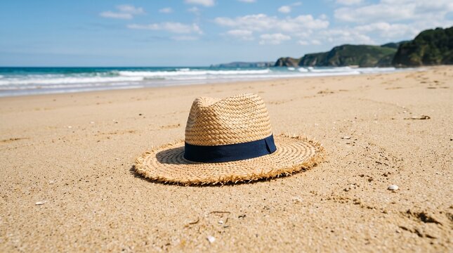 Straw fedora hat with navy blue ribbon resting on sandy beach with ocean waves and coastal cliffs in background