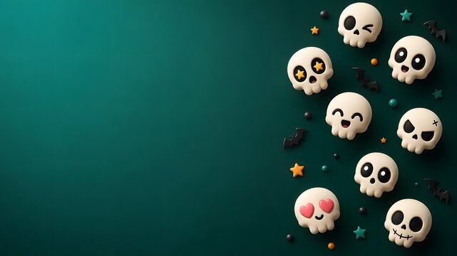 Cute white skull faces clustered on right side of green background