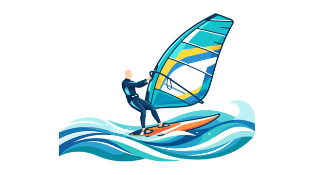 A windsurfer skillfully navigating the waves on a colorful board and sail.