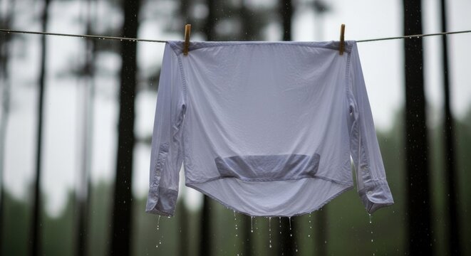 wet clothes hanging on a line in the forest