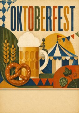 Oktoberfest celebration with beer stein pretzels and traditional Bavarian decorations