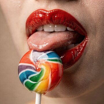 Close up of red lips licking a colorful rainbow swirl lollipop