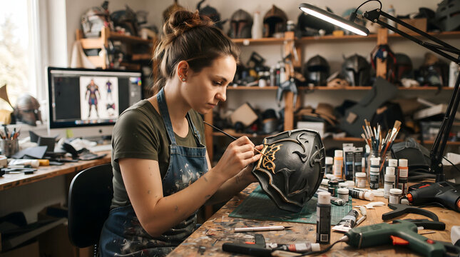 A young creative woman wears an apron and carefully paints intricate gold details onto a black cosplay armor piece in her messy workshop. The background features shelves with helmets, a computer sc...