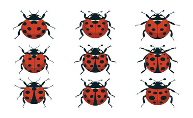 Fototapeta premium Nine Ladybugs: A set of nine red ladybugs with black spots, arranged in a grid, symbolizing luck and good fortune.