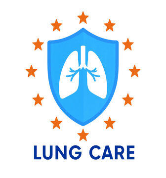 Lung care logo vector design with human lungs on blue shield surrounded by orange stars for medical respiratory health protection emblem