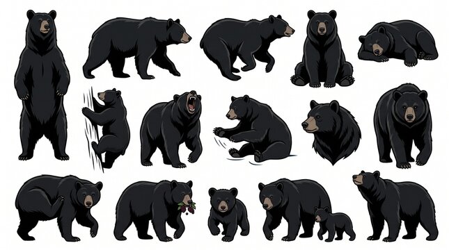 Black Bear Vector Collection, Wild Bear Poses, Walking, Running, Standing and Roaring Wildlife Animal Illustration