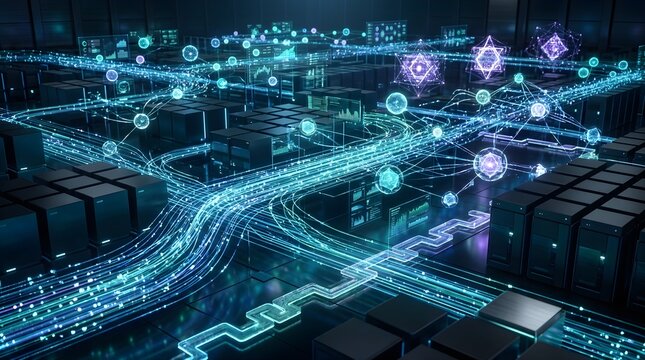 Futuristic AI data highway streaming through cloud server infrastructure