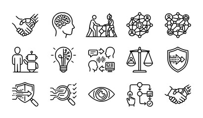 Fototapeta premium Human AI Collaboration and Ethics Line Icon Set for Teamwork and Technology
