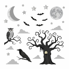 Fototapeta premium Halloween Night Scene with Owl Raven Bats Moon