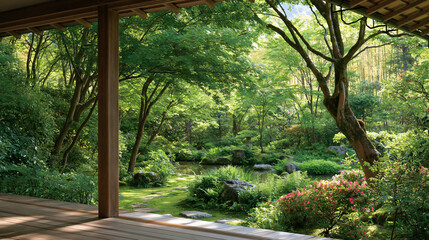 Fototapeta premium Traditional Japanese garden view with green maple trees and moss from wooden veranda engawa