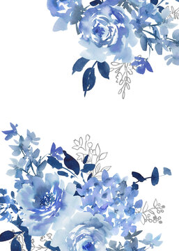 Watercolor Blue Floral Background with Abstract Hand-Painted Roses, Wildflowers, and Silver Botanical Line Art for Wedding Invitations and Greeting Cards