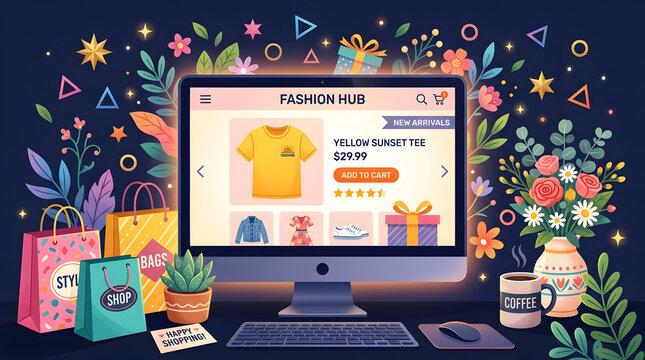 Computer monitor displaying online store interface surrounded by colorful shopping bags and floral decoration items.