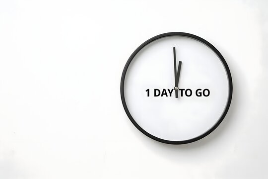 Wall clock with 1 day to go text countdown for business deadline and event promotion
