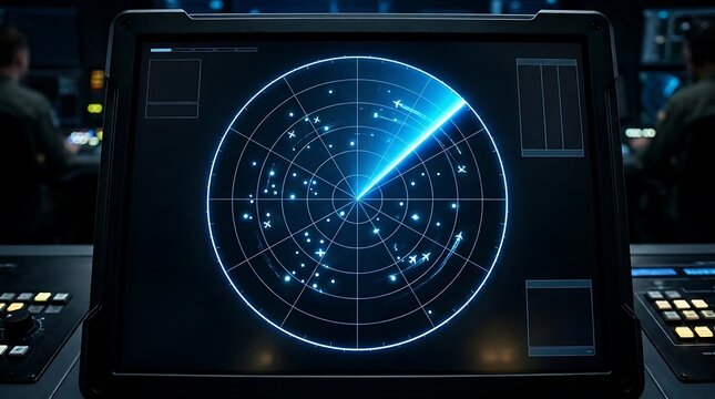 Blue digital radar screen displaying detected objects and flight paths in a dark control room