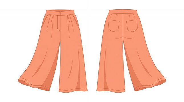 Peach Colored Women Wide Leg Trousers Fashion Technical Sketch Front and Back View Illustration Template