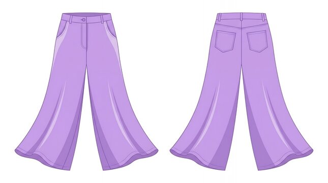 Stylish lavender purple wide leg flare trousers technical fashion flat sketch for women front and back views mockup