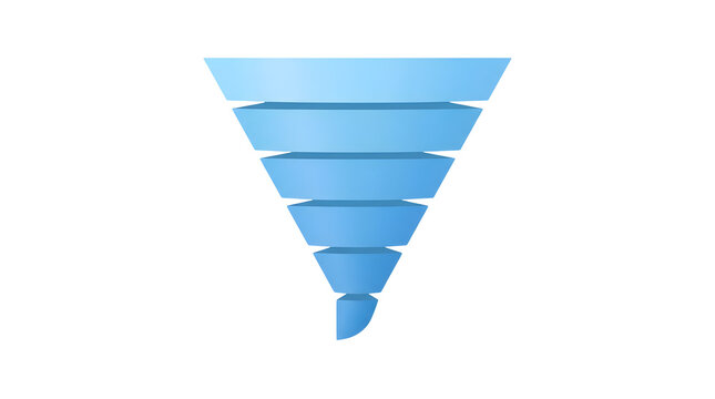 3D rendering of a gradient blue funnel with six decreasing tiers and a pointed bottom, isolated on a white background with soft shadows for depth