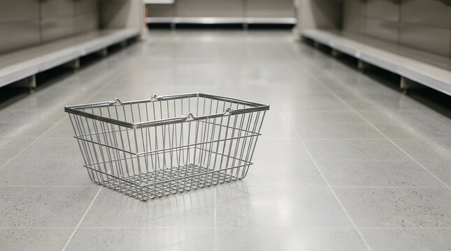 Empty shopping basket on a floor with bare shelves