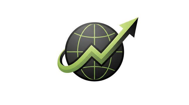 A sleek black globe with a green grid is encircled by a vibrant green upward arrow, symbolizing international growth and progress in a modern, dynamic design