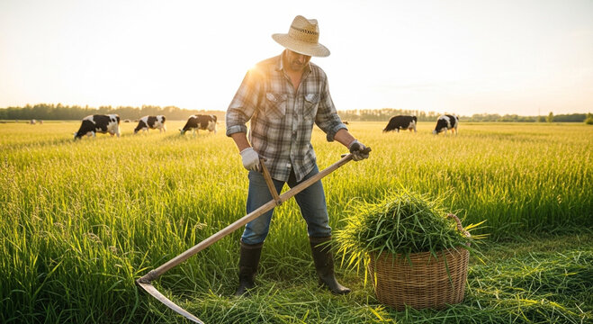 A farmer wearing a felt hat holds a long sickle to harvest rice in a paddy field.