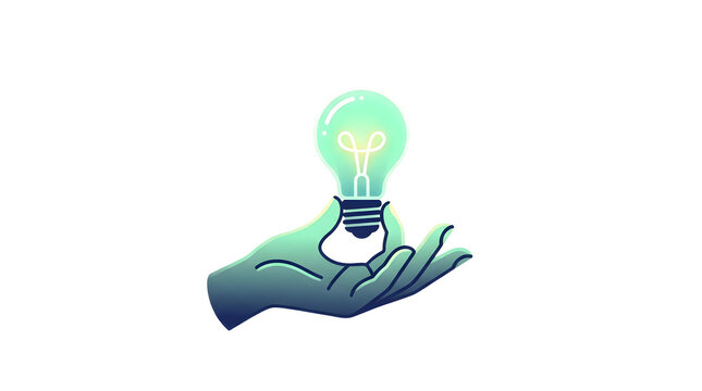 A hand with a gradient blue-green hue holds a glowing light bulb with a bright greenish illumination and visible internal filament, symbolizing an idea or creativity