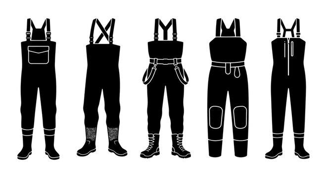 Fishing Waders Collection, Waterproof Overalls Set, Outdoor Gear Icons, Angler Apparel Vector