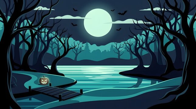 A spooky pixel art style haunted forest background featuring a glowing full moon over a dark lake and eerie trees