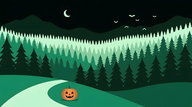 A spooky pixel art style haunted forest background featuring a glowing jack o lantern on a path under the moon