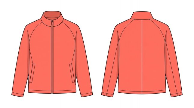 Blank Coral Fleece Jacket Technical Flat Sketch Front and Back View Mockup for Fashion Design and Apparel Manufacturing