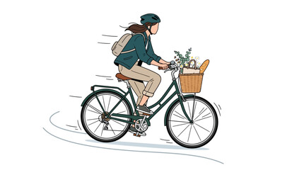 Fototapeta premium A young woman riding a bicycle with a basket through the city.