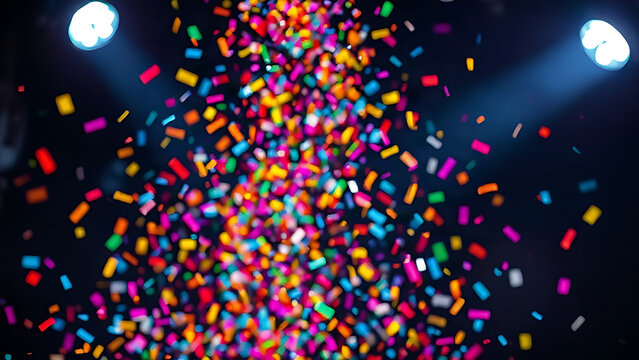 Colorful confetti and glitter sparkling under spotlight beams.