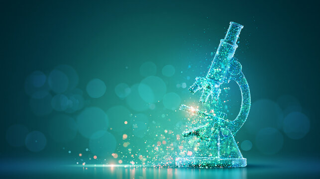 A digital hologram of a microscope composed of glowing blue particles on a teal background with bokeh light effects.