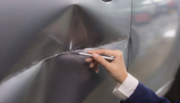 Professional inspector's hand indicating a damaged section of a car door.