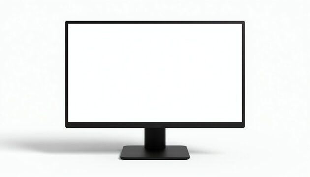 Black tablet computer with blank screen on stand isolated on white background. 