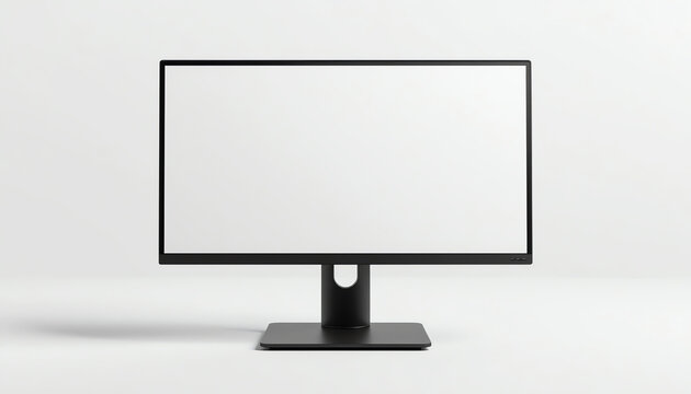 Black tablet computer with blank screen on stand isolated on white background. 
