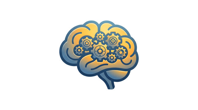 Illustration of a human brain with interlocking gears inside, symbolizing mechanical thought processes, rendered in vibrant blue and orange gradient colors