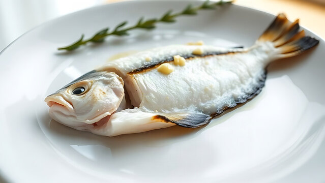 A cooked plaice fillet on a white plate with charred edges and lemon juice.