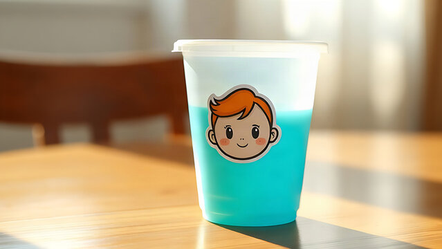 Children's plastic cup with a cartoon sticker on a wooden table.