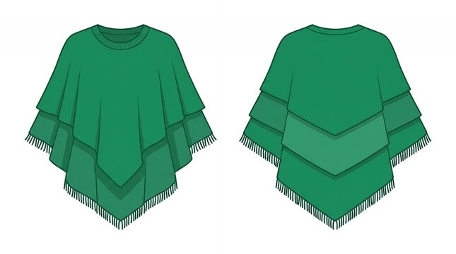 Green Womens Tiered Layered Poncho Fashion Illustration Front and Back View with Fringe Details and Round Neck Flat Sketch Templat