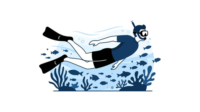 A man swimming underwater wearing a diving mask and flippers.