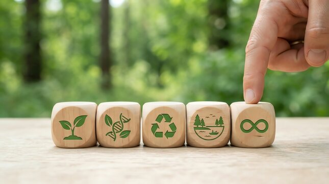 Hand pointing to wooden cubes with environmental symbols representing sustainability, circular economy, and ecological balance in a natural setting