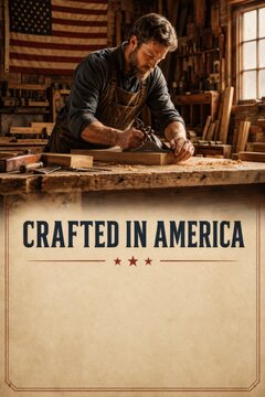 Skilled craftsman handcrafting wooden furniture in American workshop with USA flag backdrop