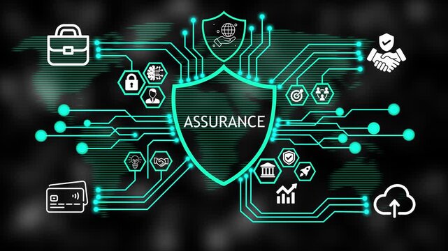  Cyber Security assurance Shield HUD Animation with Connected Business and Technology Icons Abstract Background